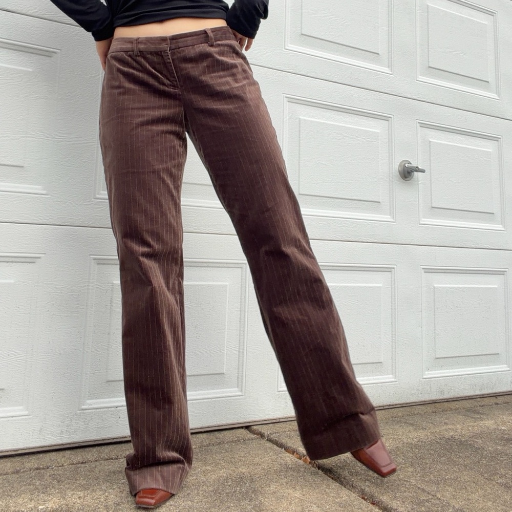 90s - 2000s Brown velvet bootcut low waisted pinstripe paints